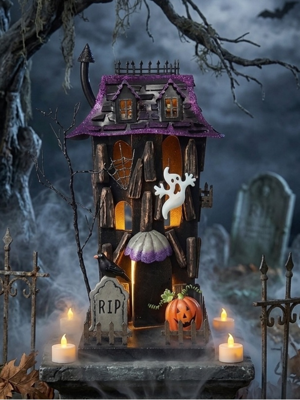 Large!! Haunted Mansion House Halloween Night Light Pumpkin Ghost Ghoul RIP BLK